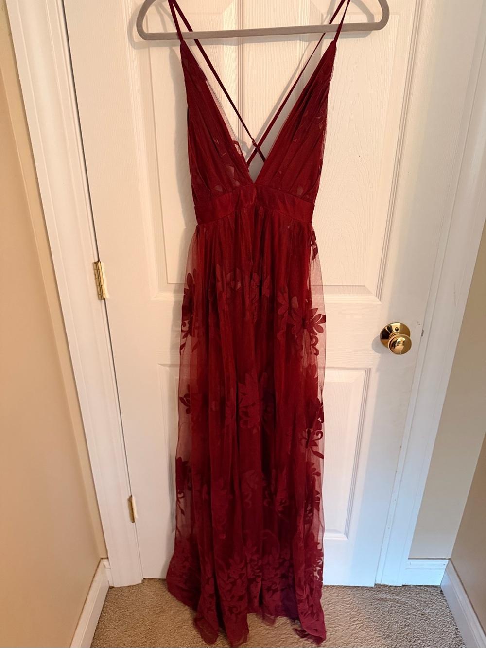Luxxel Burgundy Floral Lace Maxi Dress with Strappy V-Neck